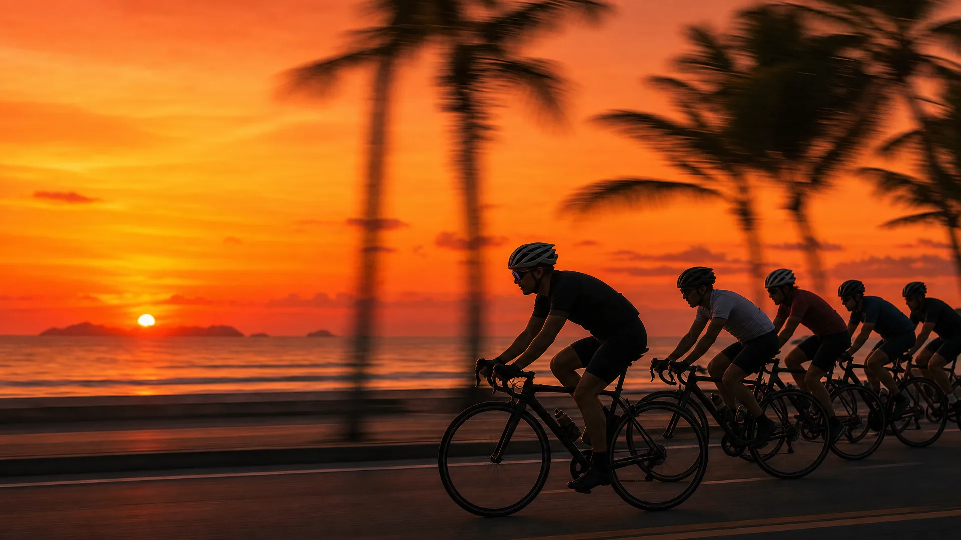 Pelotão de ciclistas numa estrada litorânea ao pôr do sol.