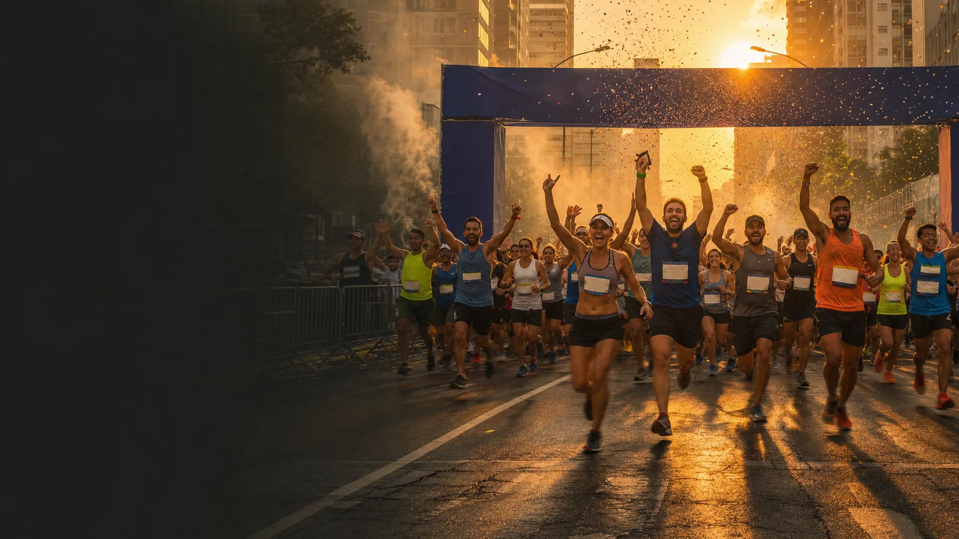 Largada de uma corrida de rua, com a multidão cruzando o pórtico ao amanhecer.